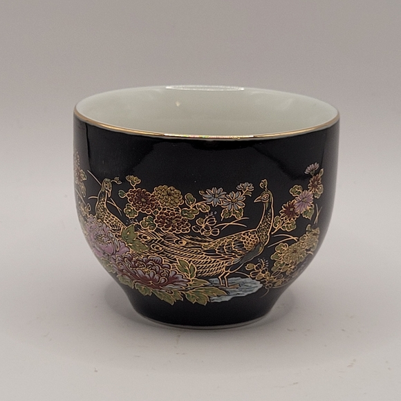 Vintage Japanese Sake Cup Black Gold Birds Floral - Picture 8 of 10